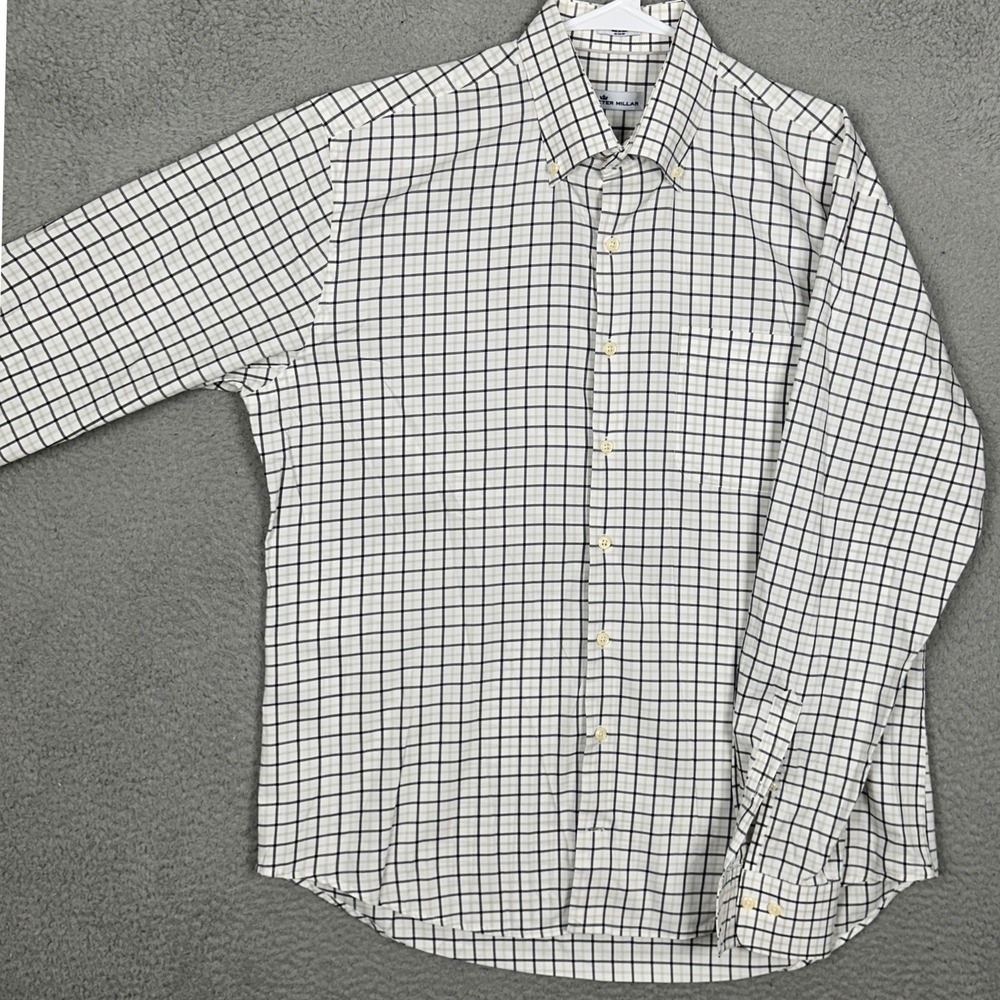 Peter Millar Shirt Men Large White Navy Tattersall Check Stretch Button Down EUC